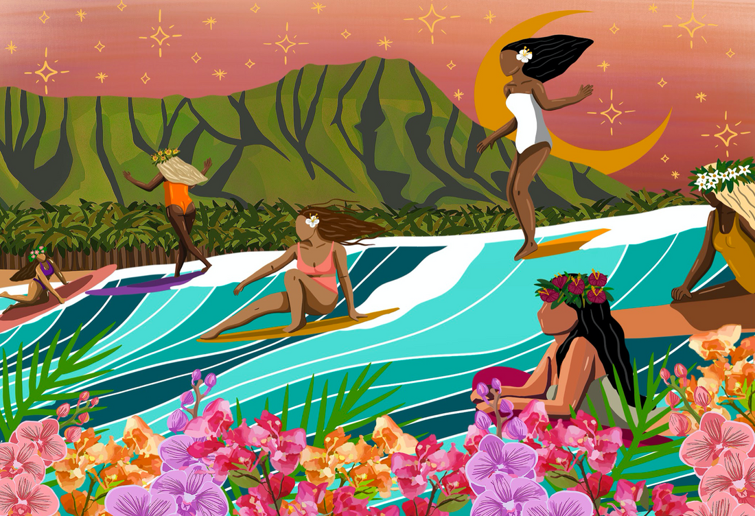 Puzzle of women surfing